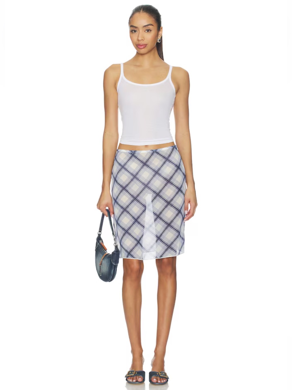 superdown Sheer Plaid Midi Skirt in Blue and White